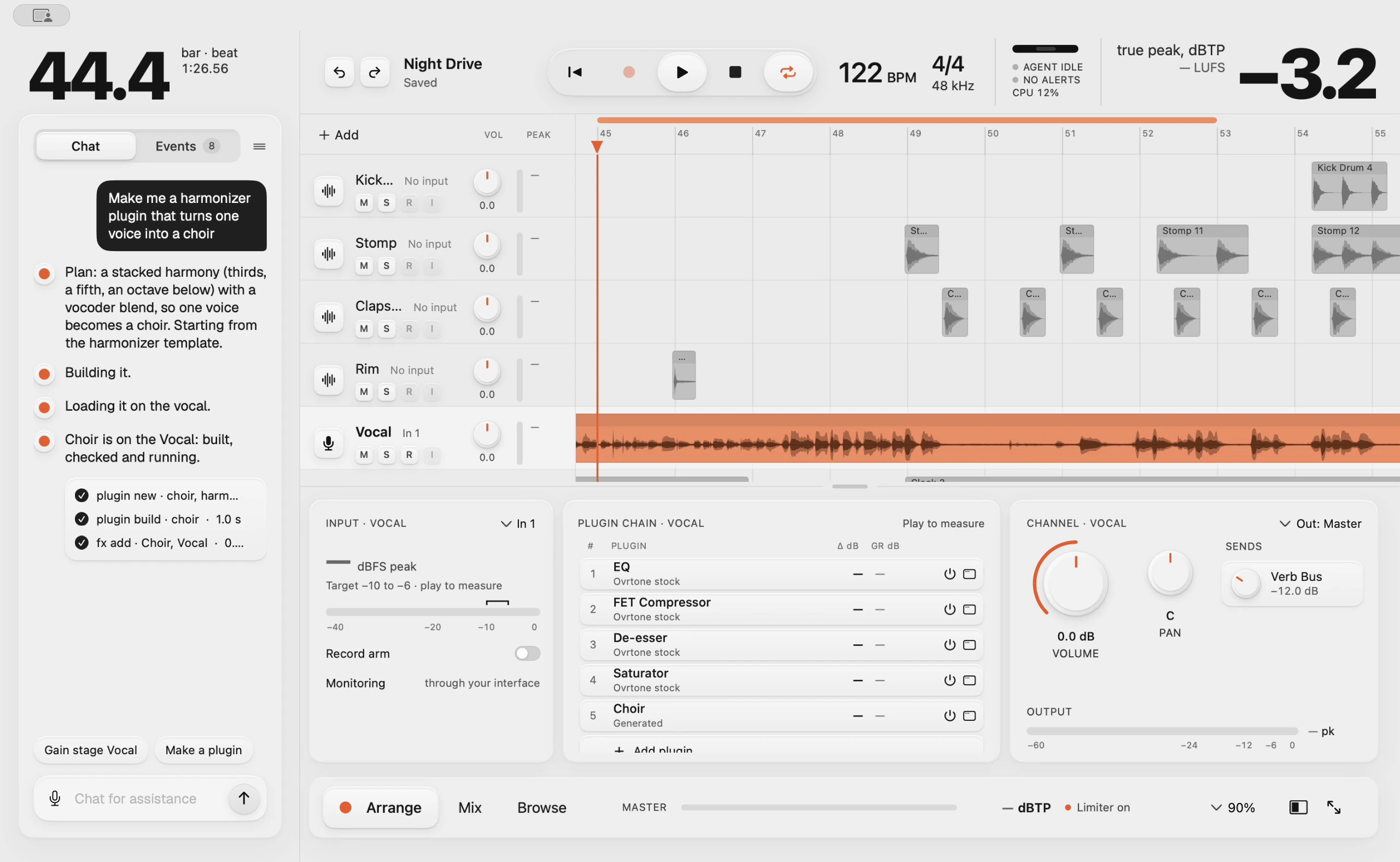 Ovrtone's window: the engineer's chat has built a harmonizer that turns one voice into a tuned choir and loaded it on the Vocal track, fifth in its plugin chain